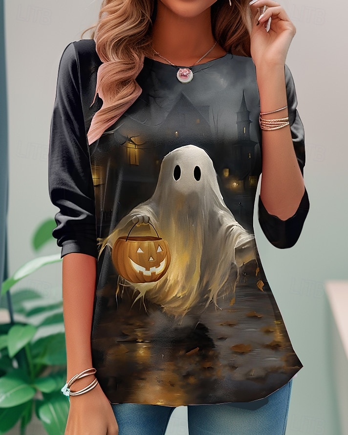 Koszulka Damska Czaszki Grafika Dynia Vintage Stylowa Klasyczna Długi Rękaw Okrągły Dekolt Regularne Bluzki Codzienny Druk Czarny Czerwony Jasnobrązowy Pomarańczowy Jasnoszary Jesień Zima 2025 - $22.99 –P2