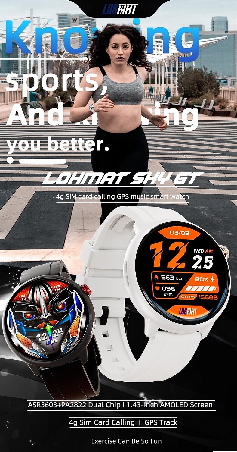 LOKMAT SKY GT Умные часы 1.43 дюймовый Смарт-часы-телефон 3G 4G Bluetooth Педометр Напоминание о звонке Датчик для отслеживания активности Совместим с Android iOS Женский Мужчины GPS 2025 - $106.99 –P1