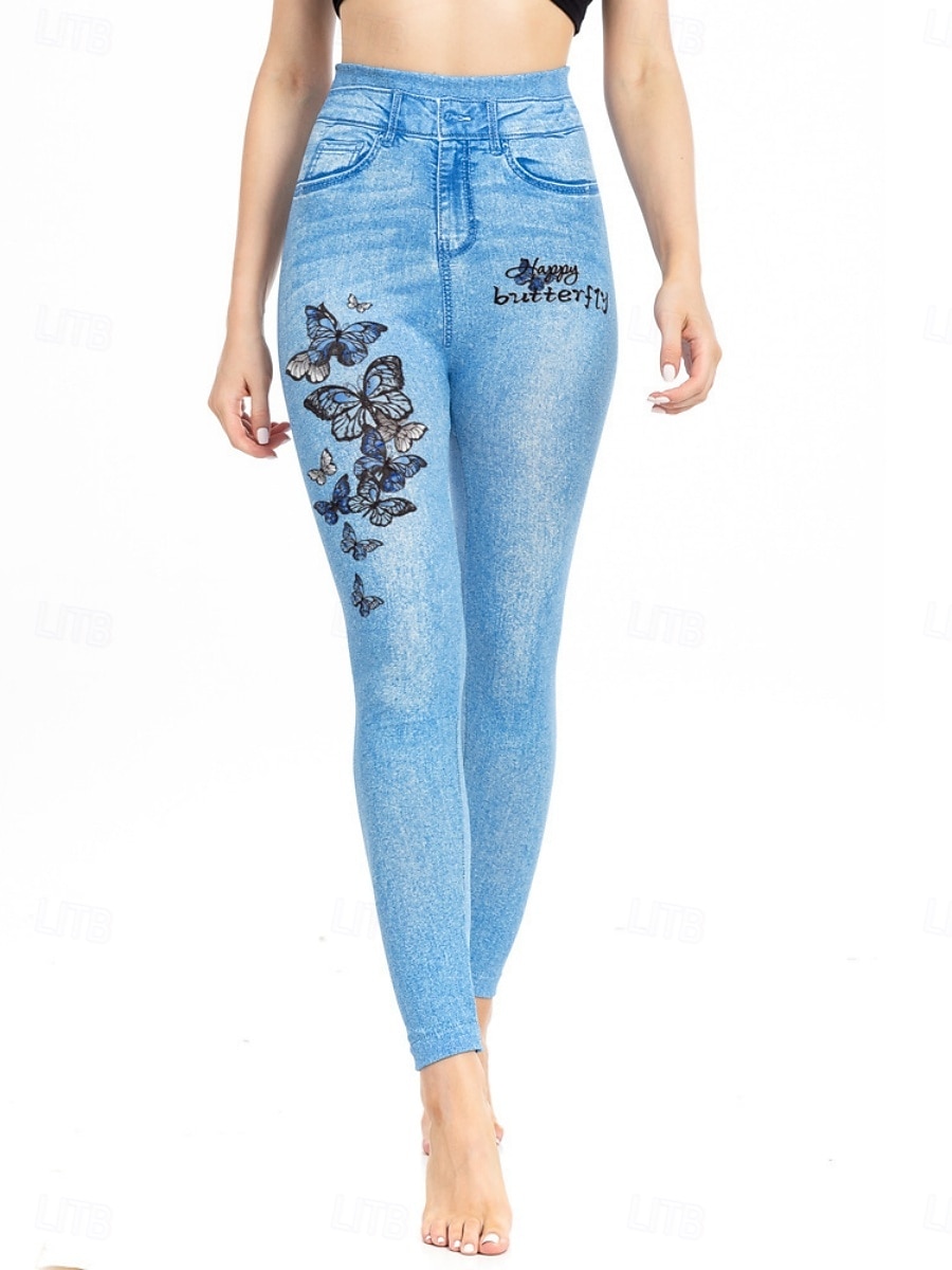 Dames Leggings Verontruste spijkerbroek Vakantie Vintage Casual Volledige lengte Hoge taille Bloemig Vlinder Elastische tailleband Opdrukken Zacht Comfortabel Rekbaar Buiten Straat blauw Luchtblauw 2026 - $24.99 –P21