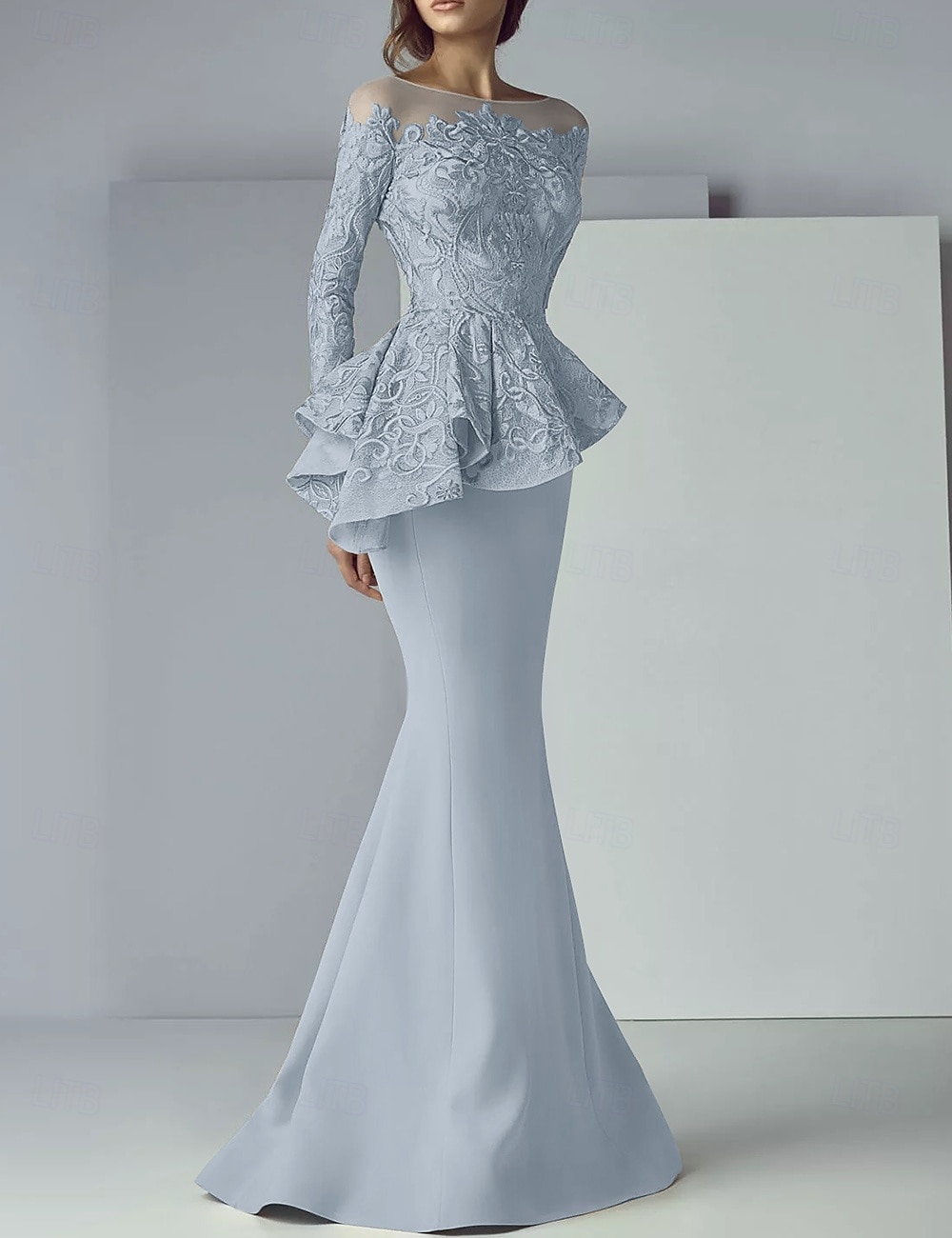 Mermaid Mother of the Bride Dress Formal Wedding Guest Elegant Scoop Neck Floor Length Lace Stretch Fabric Long Sleeve with Ruffles Appliques 2025 - $219.99 –P6