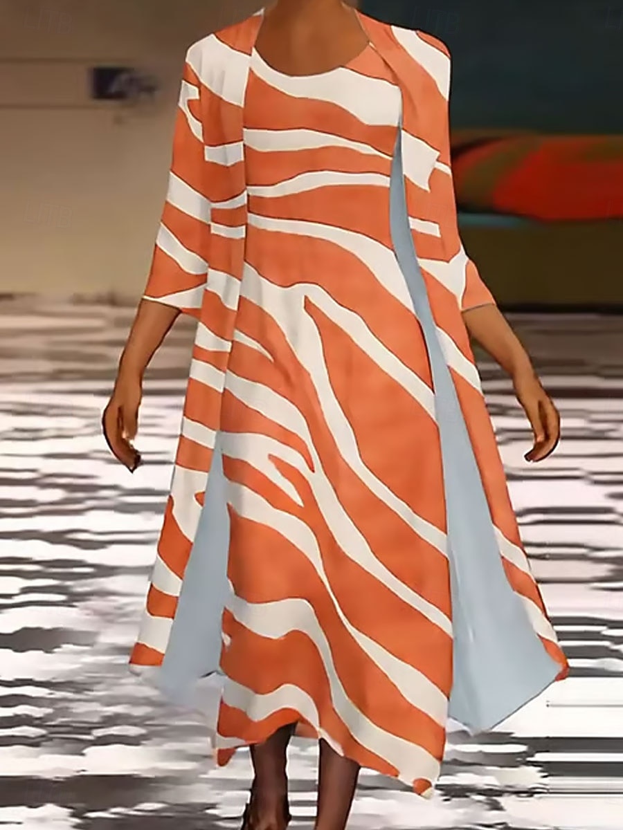 Damen Kleid-Set Maxidress Shiftkleid Sommerkleid Lässig Grafik Geometrisch Geschichtet Druck Maxikleid Dreiviertelarm Rundhalsausschnitt Täglich Orange Frühling Herbst Normale Passform 2026 - $45.99 –P3