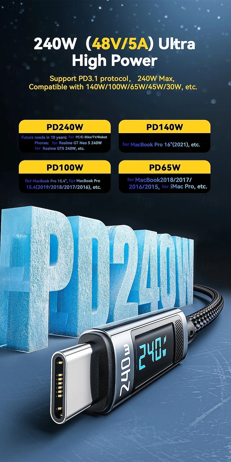 240 W-os USB-C - USB-C kábel, 100 W-os PD 3.1 gyorstöltő töltőkábel MacBook Pro-hoz, Xiaomi-hoz, Samsung laptophoz, Essagerhez 2025 - $15.99 –P4