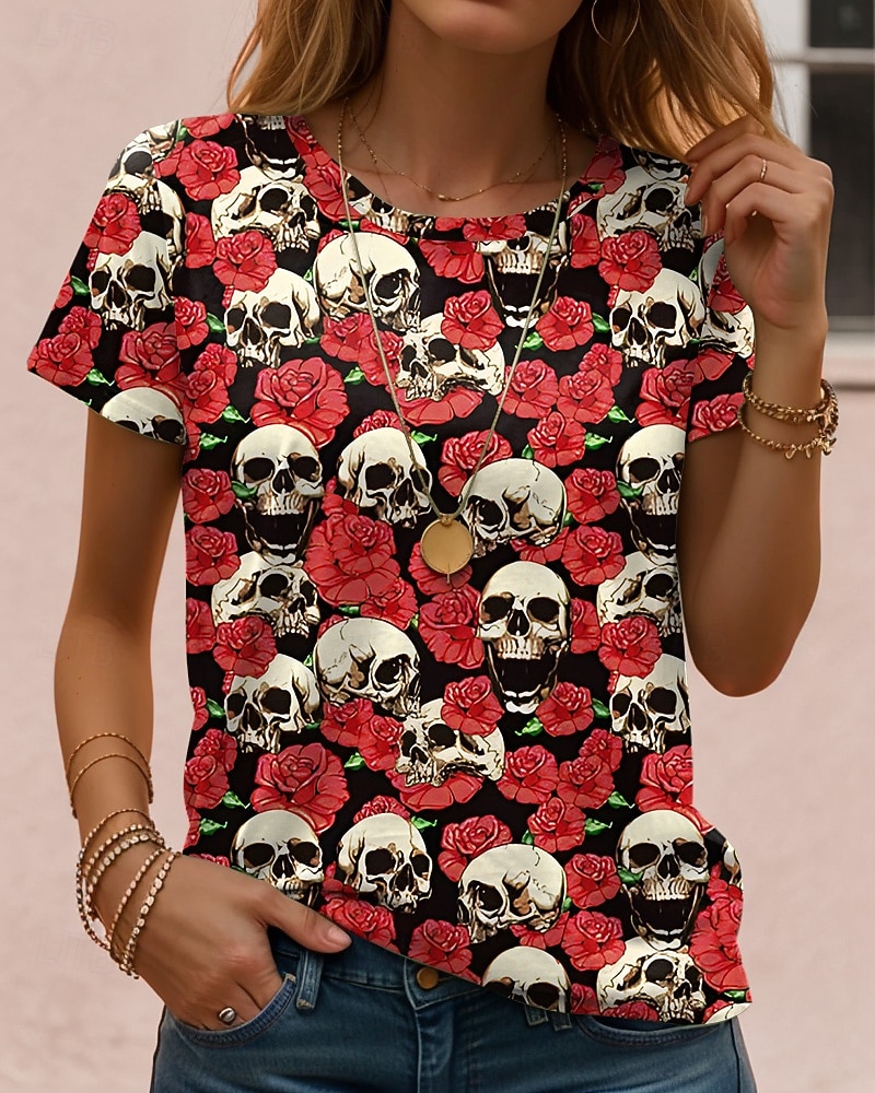 Halloween Damen T Shirt Grafik Schädel Halloween Vintage Stilvoll Klassisch Kurzarm Rundhalsausschnitt Normale Oberteile Täglich Wochenende Druck Schwarz Rote Leicht Braun Blau Orange Herbst Winter 2025 - $22.99 –P7
