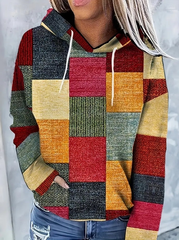 Damen Kapuzenpullover Druck Grafik Geometrisch Warm Vintage Mode Langarm Mit Kapuze Normale Oberteile Straße Alltagskleidung Ferien Orange Leicht Blau Herbst Winter 2026 - $28.99 –P1