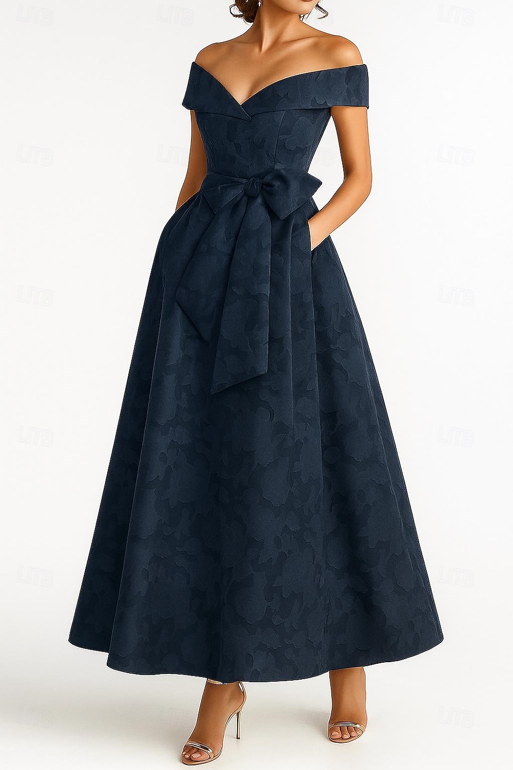 Rochie de seară elegantă, albastru vișiniu, în linie A, rochie formală de mireasă, lungime la podea, mânecă scurtă, cu umăr decoltat, nailon, cu fundă(e) și bretele, 2025 2025 - $145.99 –P1