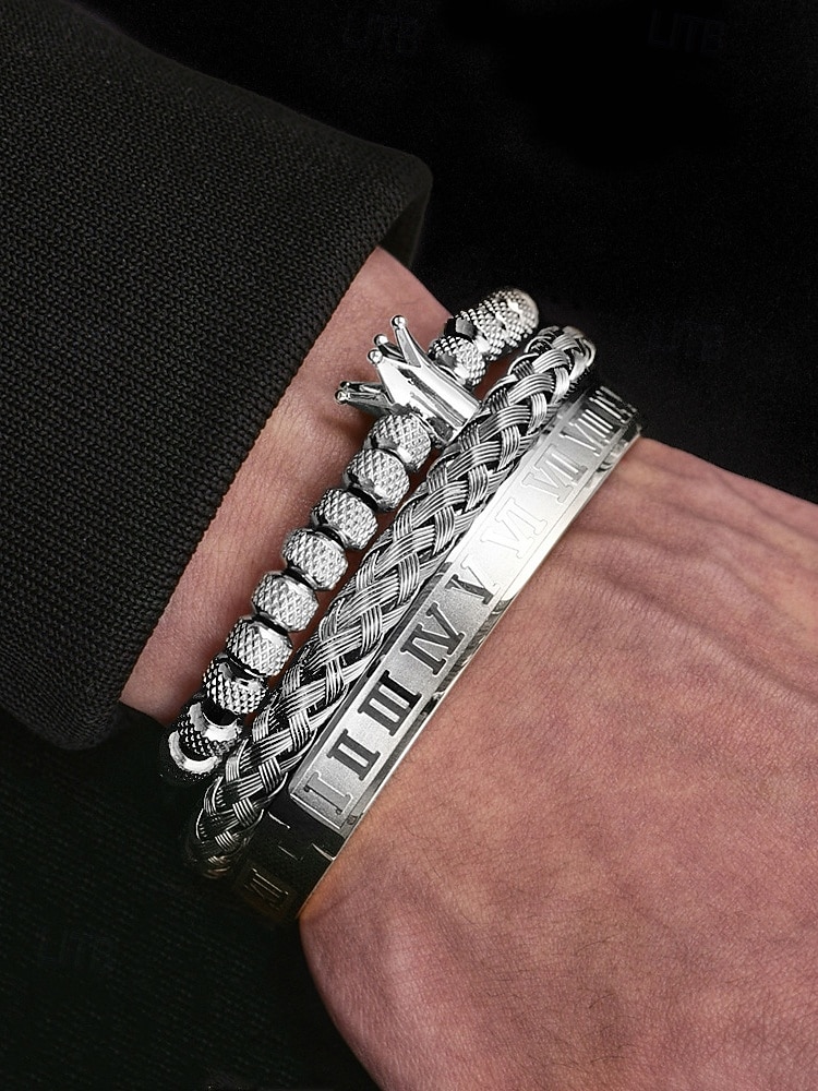 set di bracciali da uomo in acciaio inossidabile dorato: bracciale a 3 pezzi con corona di perline, polsino intrecciato e bracciale con numeri romani per abiti alla moda, feste e occasioni speciali del 2025 a $18.99 –P7