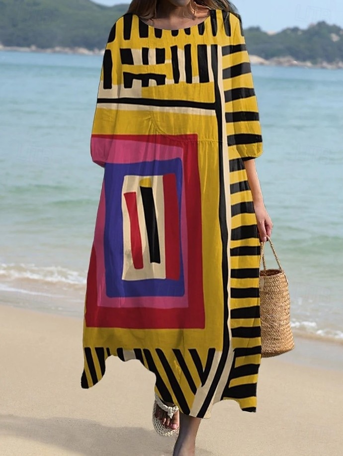 Abito maxi da donna in lino come traspirante leggero kaftano a maniche 3/4 scollo tondo casual abito a trapezio abito boho grafica geometrica giallo rosso marrone chiaro marrone del 2026 a $41.99 –P4