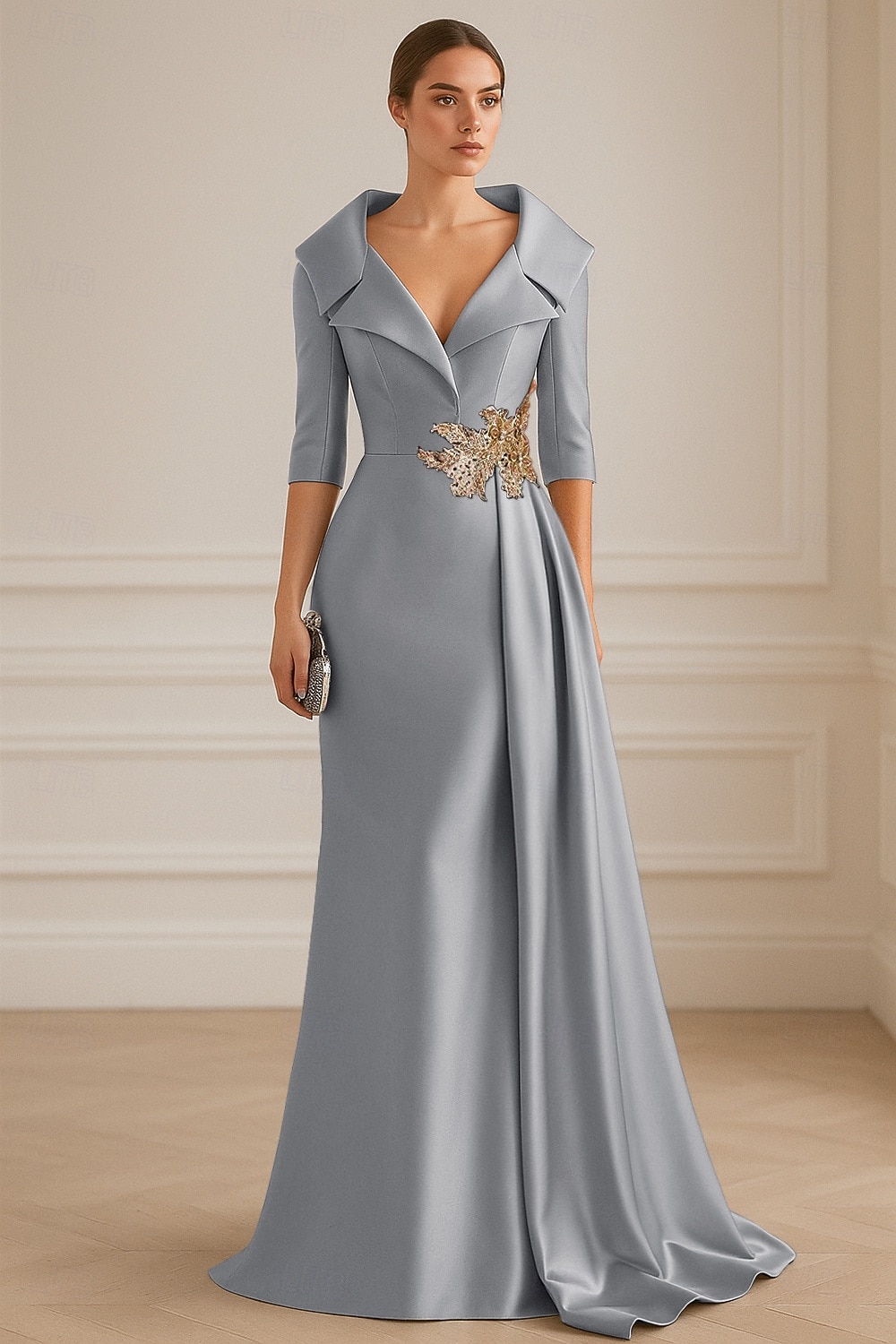 Vestido de noite azul e preto, elegante, formal, para casamento, comprimento até o chão, manga curta, lapela, cetim elástico com pregas, 2025 de 2025 por $147.99 –P1