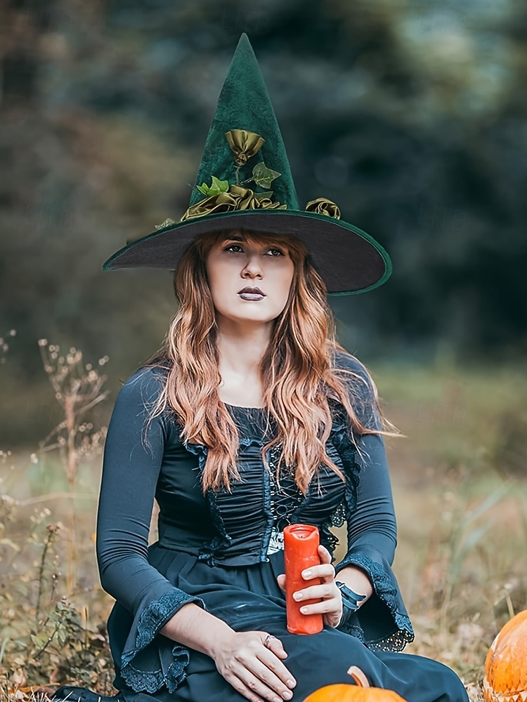Dámský zelený sametový čarodějnický klobouk se saténovými růžemi a břečťanem – elegantní halloweenský kostýmní klobouk na večírky a tematické akce 2025 - $14.99 –P2