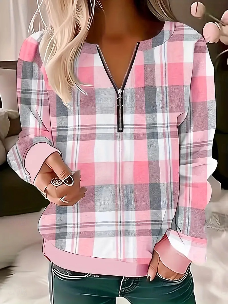 Per donna Felpa Pullover Felpe con cerniera Grafico Geometrico Plaid Moda Casual Manica Lunga Girocollo Top Regolari Streetwear Abbigliamento Quotidiano Cerniera Stampato Rosa Blu Viola Verde Grigio del 2025 a $27.99 –P1