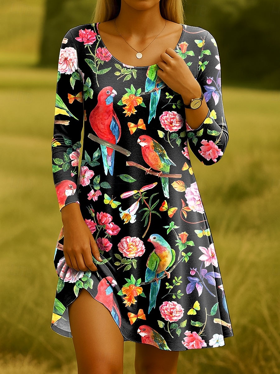 Rochie mini pentru femei cu guler rotund mânecă lungă rochie casual rochie de tip T-shirt rochie stil Tee rochie în A casual tăiere regulată grafic floral guler rotund negru albastru violet verde 2025 - $23.99 –P3