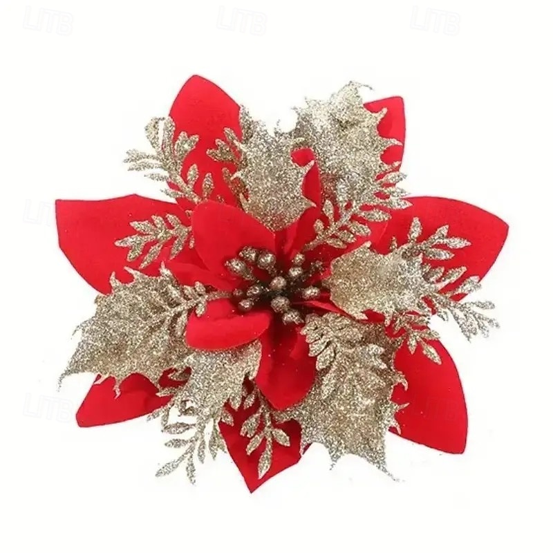 20 искусственных рождественских цветов пуансеттии с двухслойной розовой окантовкой, 5,9 дюйма, сверкающие рождественские цветочные украшения для венков, рождественской елки, свадеб и праздничного 2025 - $19.99 –P12