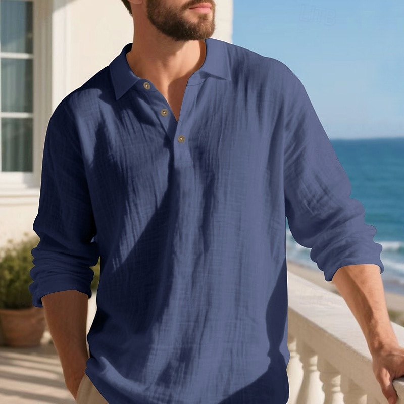 Herre Linskjorte Golf skjorte Arbeid Avslappet Knaphul Langermet Grunnleggende Moderne عادي Knapper Vår Høst Normal Svart Hvit Navyblå Kakifarget Militærgrønn Lyseblå Linskjorte 2025 - $20.99 –P10