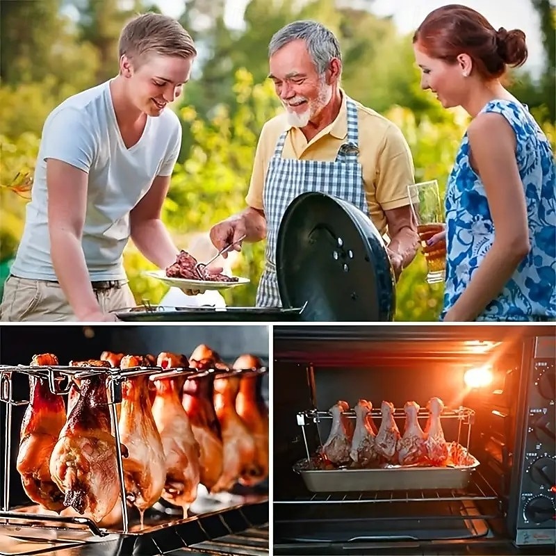 Rozsdamentes acél csirkecomb- és szárnytartó, összecsukható függőleges sütőtartó grillezéshez, füstöléshez, sütőhöz, ideális piknikezéshez és kempingezéshez, könnyen tárolható konyhai kiegészítő 2025 - $14.99 –P2