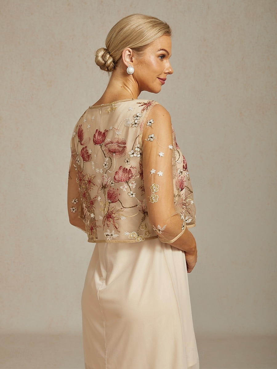 Damen Schultertücher Spitzentops Blumen Elegant Dreiviertelarm Rundhalsausschnitt Champagner Sommer 2025 - $49.99 –P2
