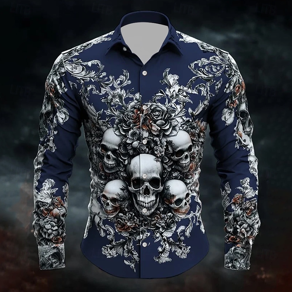 Herren Schädel Halloween Kostüme Tag der Toten Hemd Knopfhemd Lässiges Hemd Langarm Dunkler Gothic-Stil Ferien Sommer Frühling Umlegekragen 3D-Druck Hemden mit Kragen Schwarz Weiß Dunkelblau 2026 - $27.99 –P1