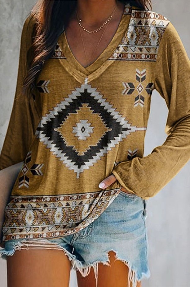 Femmes T-shirt Imprimé Graphique Géométrique Tribal Élégant Bohème ancien manche longue Col en V Hauts Réguliers Quotidien Sortir Week-end Bleu Noir Jaune Rouge Vert foncé Printemps Automne de 2026 ? $24.99 –P5