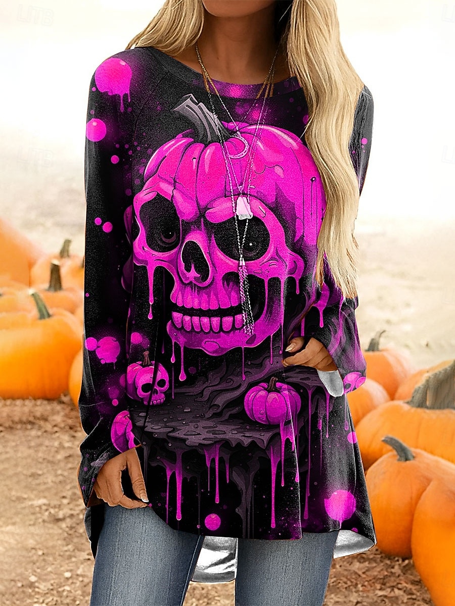 Halloween Dame T skjorte Grafisk Hodeskaller Gresskar Årgang Stilfull Fritid Langermet Crew-hals Vanlige topper Daglig Trykt mønster Rosa Blå Oransje Grønn Grå Vår Høst 2025 - $24.99 –P5