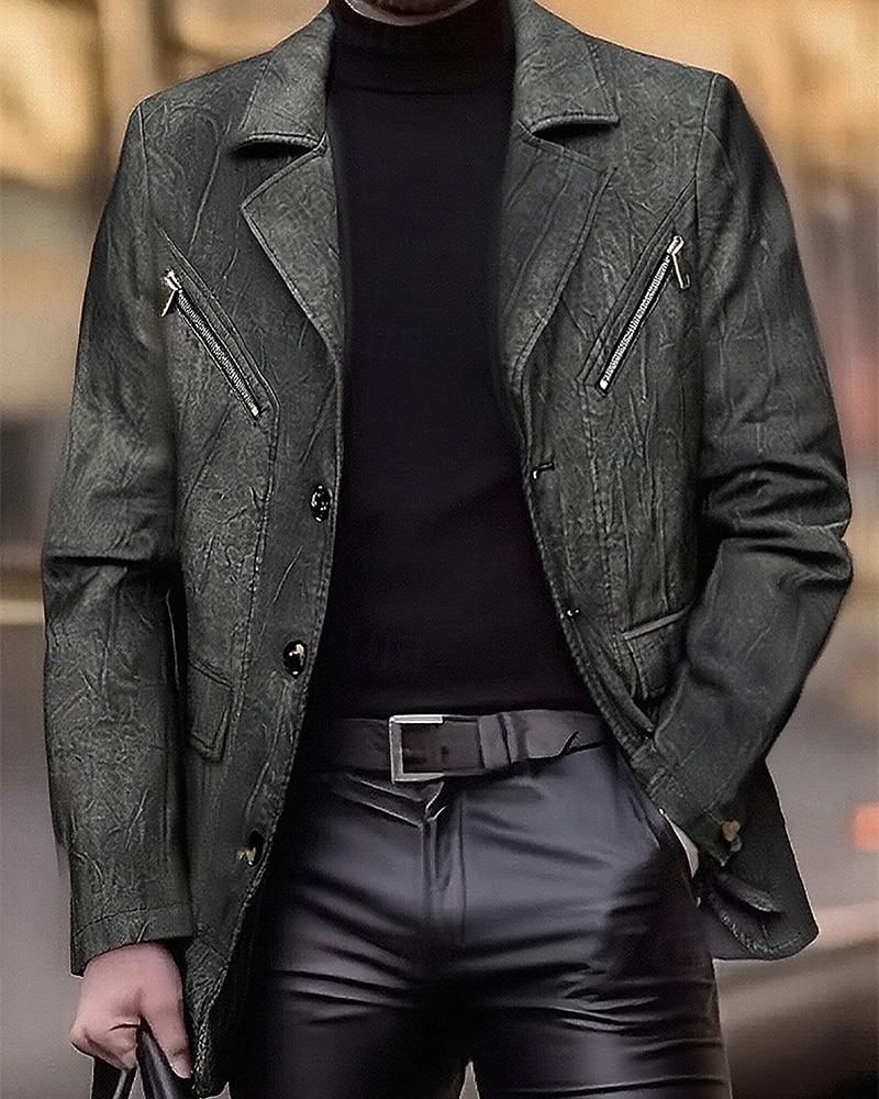 Herr Imitationsläderjacka Blazer i konstläder Bikerjacka Semester Dagligen Vindtät Håller värmen Ficka Vår Höst Slät Mode Klassisk Kavajslag Normal Imitationsläder Svart Kaffe Jacka 2025 - $55.99 –P1