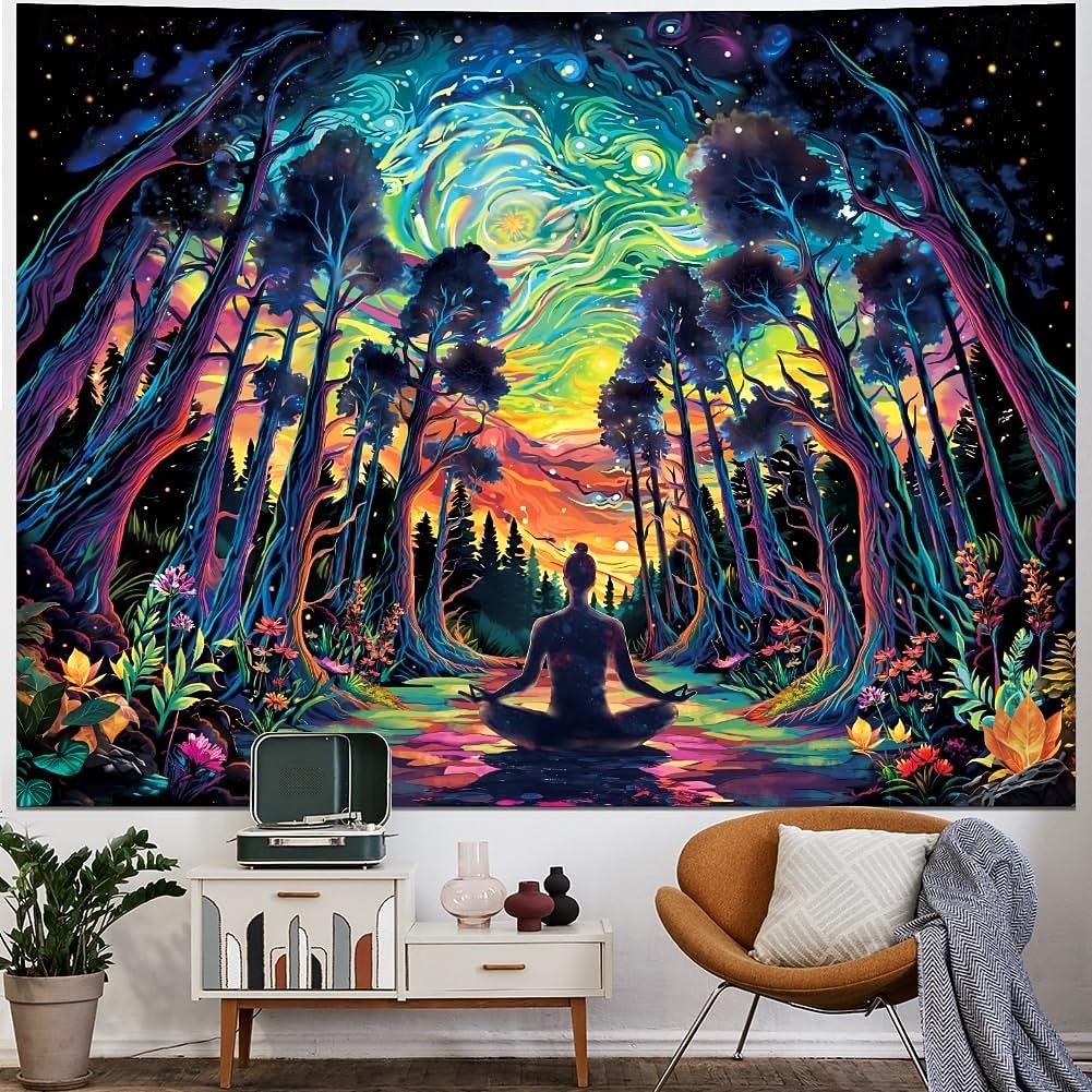 Schwarzlicht-Wandteppich mit psychedelischem Wald und Meditation, UV-reaktiv, kosmische Galaxie, Sternenhimmel, Wandkunst, Wandteppich, trippiges Yoga, spirituelles Chakra, Wandbehang, Wandteppiche 2026 - $17.99 –P3