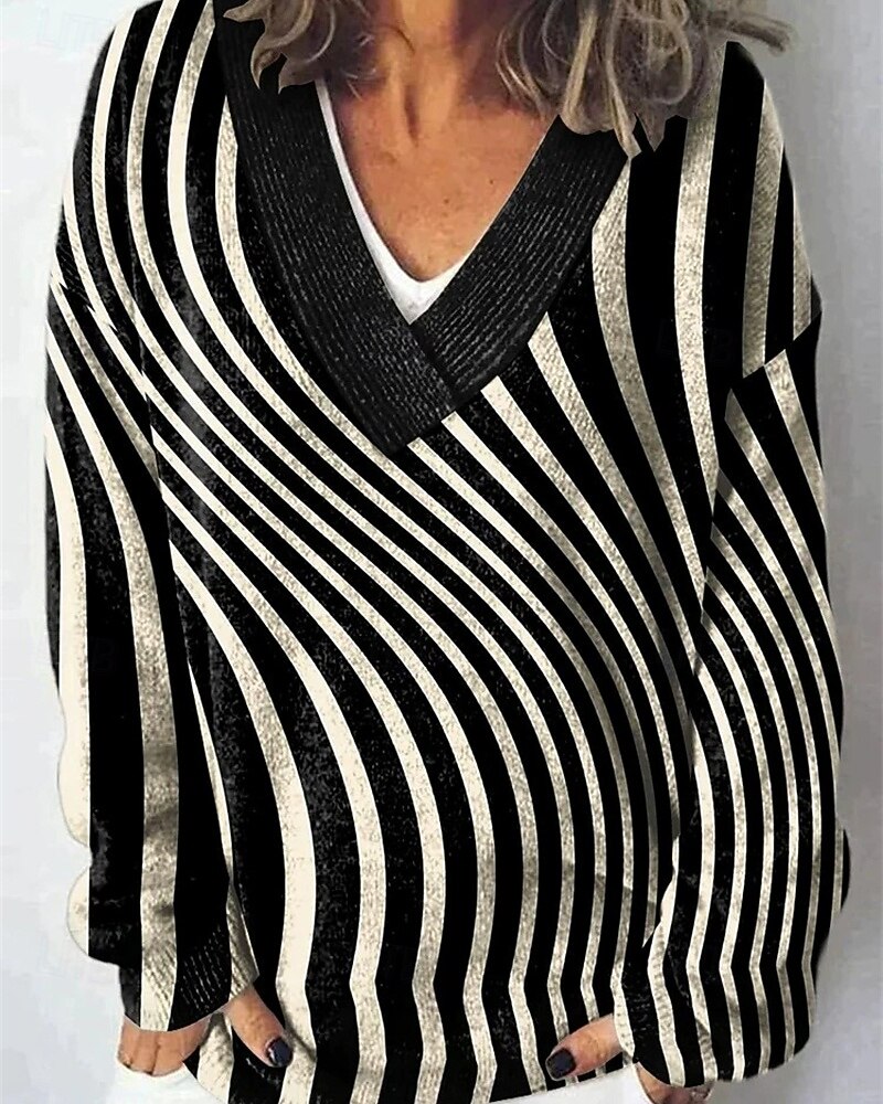 Damen Pullover Mode Farbblock Gerippt V Ausschnitt Gestrickt Langarm Normale Oberteile Stricken Ferien Ausgehen Wochenende Schwarz Winter 2025 - $26.99 –P1