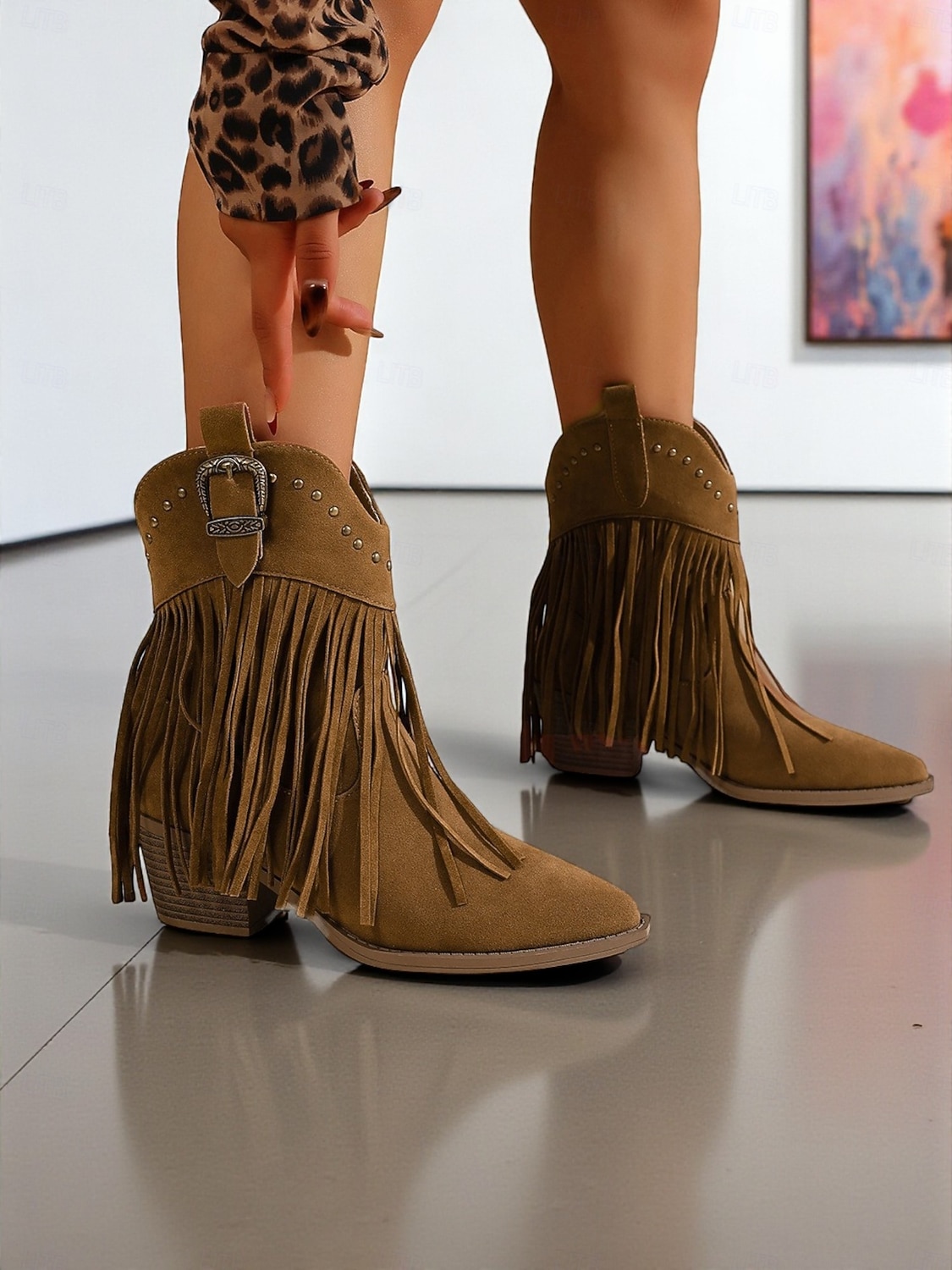 Botines de ante con flecos para mujer, ribete tachonado y hebilla estilo western, estilo vaquero bohemio. 2025 - $42.99 –P5