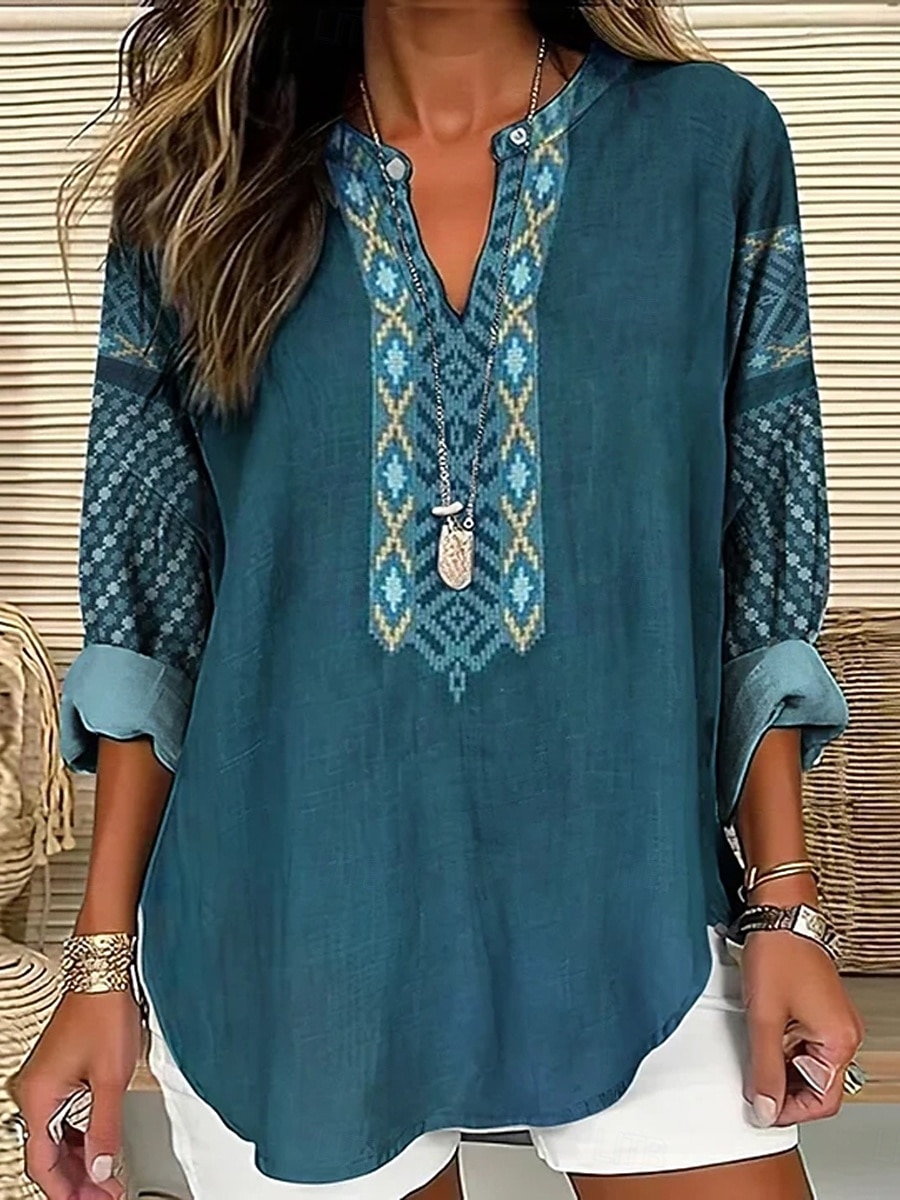 Damenbluse Leinenähnlich Atmungsaktiv Leicht Grafisch Geometrisch Vintage Tropisch Hawaiian Lange Ärmel V-Ausschnitt Reguläre Oberteile Täglicher Urlaub Strandbekleidung Druck Schwarz Blau Sandfarbe 2026 - $32.99 –P1