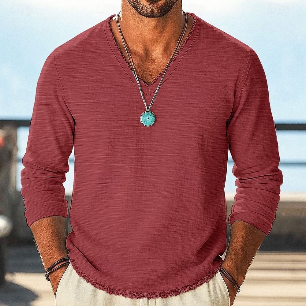 Homens Camiseta de linho Manga Longa Decote V Verão Primavera Côr Sólida Tecido Vintage Boêmio Casual Borda Crua Casual Férias Rua Branco Top Tee para Homens de 2026 por $24.99 –P7