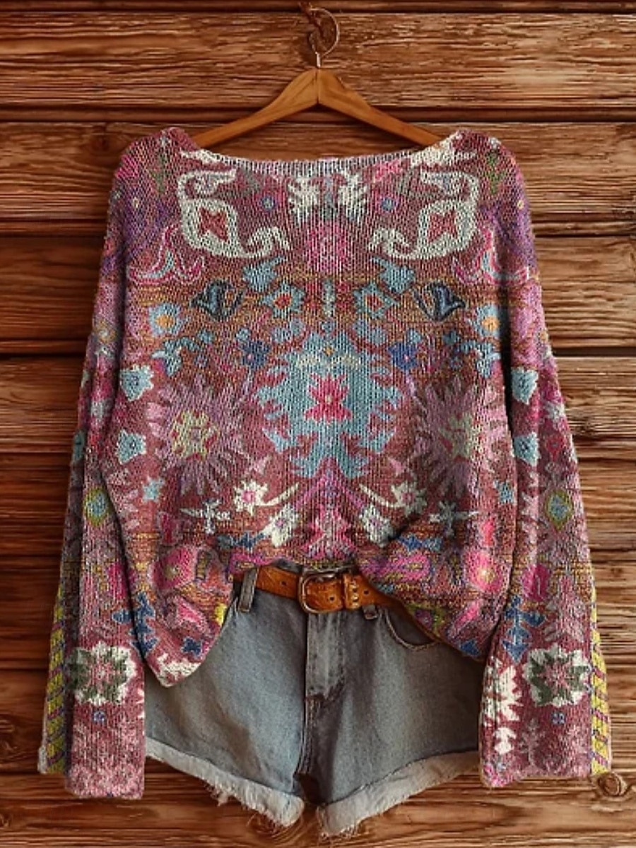 Women's Sweater Casual Soft Floral Vintage Ethnic Long Sleeve Crew Neck Regular Tops Daily Holiday Print Wine Red Purple Fuchsia Spring Fall Winter 2025 - $22.99 –P3