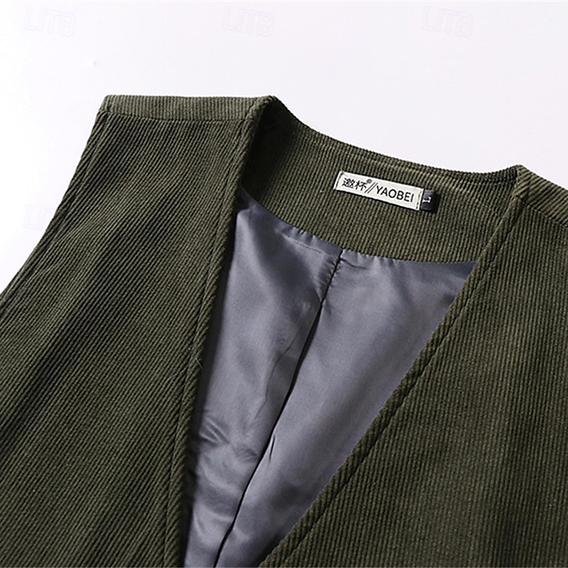 Herren Cordweste Weste Gilet Urlaub Party Geschäft Mode Lässig Frühling Herbst Tasche Knöpfe Polyester Bequem Einfach Einreihig Ein-Knopf V Ausschnitt Normale Passform Schwarz Grün Kaffee Weste 2025 - $38.99 –P10