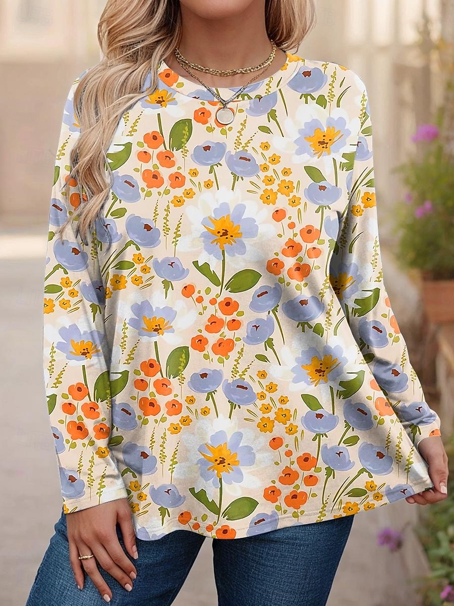 Pentru femei Plus Size Topuri Tricou Floral Grafic Imprimeu Manșon Lung Stil Nautic Casual Zilnic Poliester Toamnă Iarnă Albastru piscină Roz Îmbujorat 2026 - $24.99 –P4