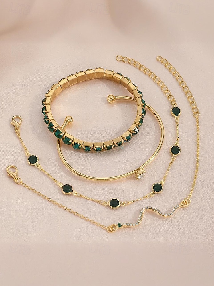 Set de brățări pentru femei cu cristale verzi aurii – 4 bijuterii elegante din aliaj cu lanț reglabil, accesorii la modă pentru petreceri, nunți și ocazii speciale 2025 - $9.99 –P6