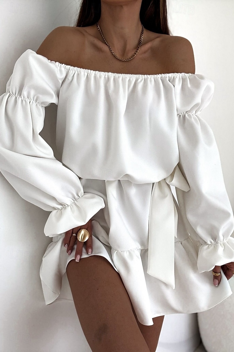 Damen Minikleid Schößchen Kleider Elegant Täglich Ferien Ausgehen Normale Passform Einfarbig Langarm Schulterfrei Schwarz Weiß Mauva Herbst 2025 - $21.99 –P1