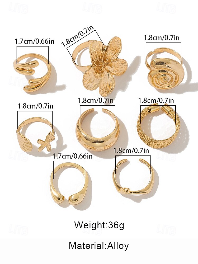 Women's 8-Piece Gold Alloy Adjustable Ring Set – Bohemian Statement Jewelry with Floral, Shell, and Geometric Designs for Parties, Weddings and Everyday Wear 2026 - $9.99 –P7