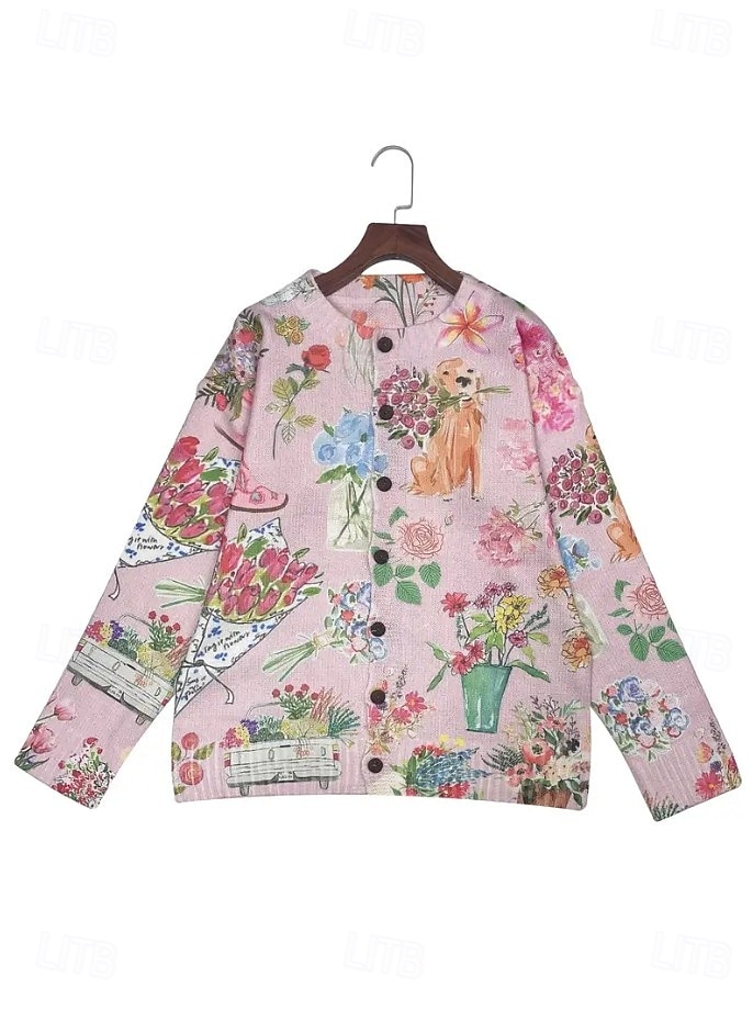 2025年 レディース カーディガン セーター ニット リブ編み ボタン フロント ラウンドネック 長袖 軽量 女性 デイリー アニマル クルーネック ボタン プリント ロング トップス ニット アウトドア ウィークエンド ピンク 秋 冬  コレクション – $36.99 –P2