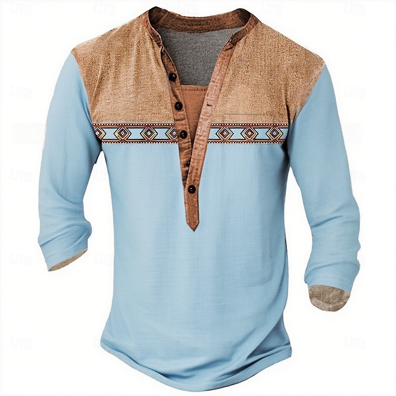 Men's Geometric Ethnic Henley Shirt Tee Long Sleeve Ethnic Casual Summer Spring Fall Lake blue Dark Gray Black Green Light Blue Henley Henley T-Shirt 2025 - $21.99 –P4