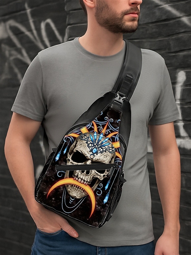 Męska torba typu crossbody z motywem czaszki na Halloween od Sarah Richter – inspirowana stylem vintage czaszka z pomarańczowymi akcentami, wyjątkowa sztuka na imprezy halloweenowe, festiwale i codzienne stylizacje 2025 - $24.99 –P2