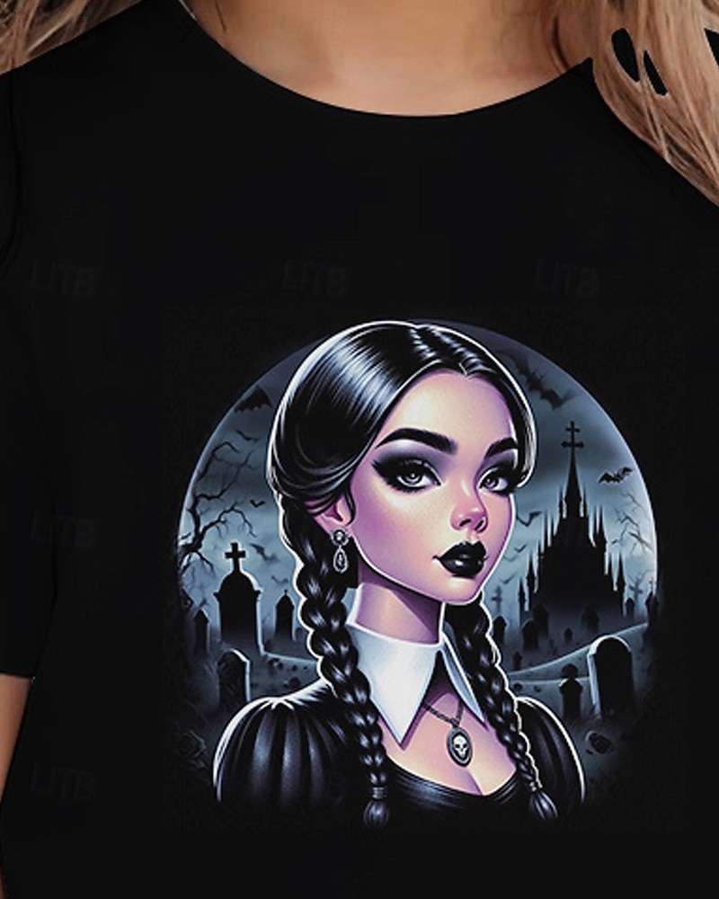 Koszulka z gotycką grafiką Wednesday Addams, słodka, letnia, oddychająca, modna koszulka na Halloween dla dziewczynek 2025 - $11.99 –P2