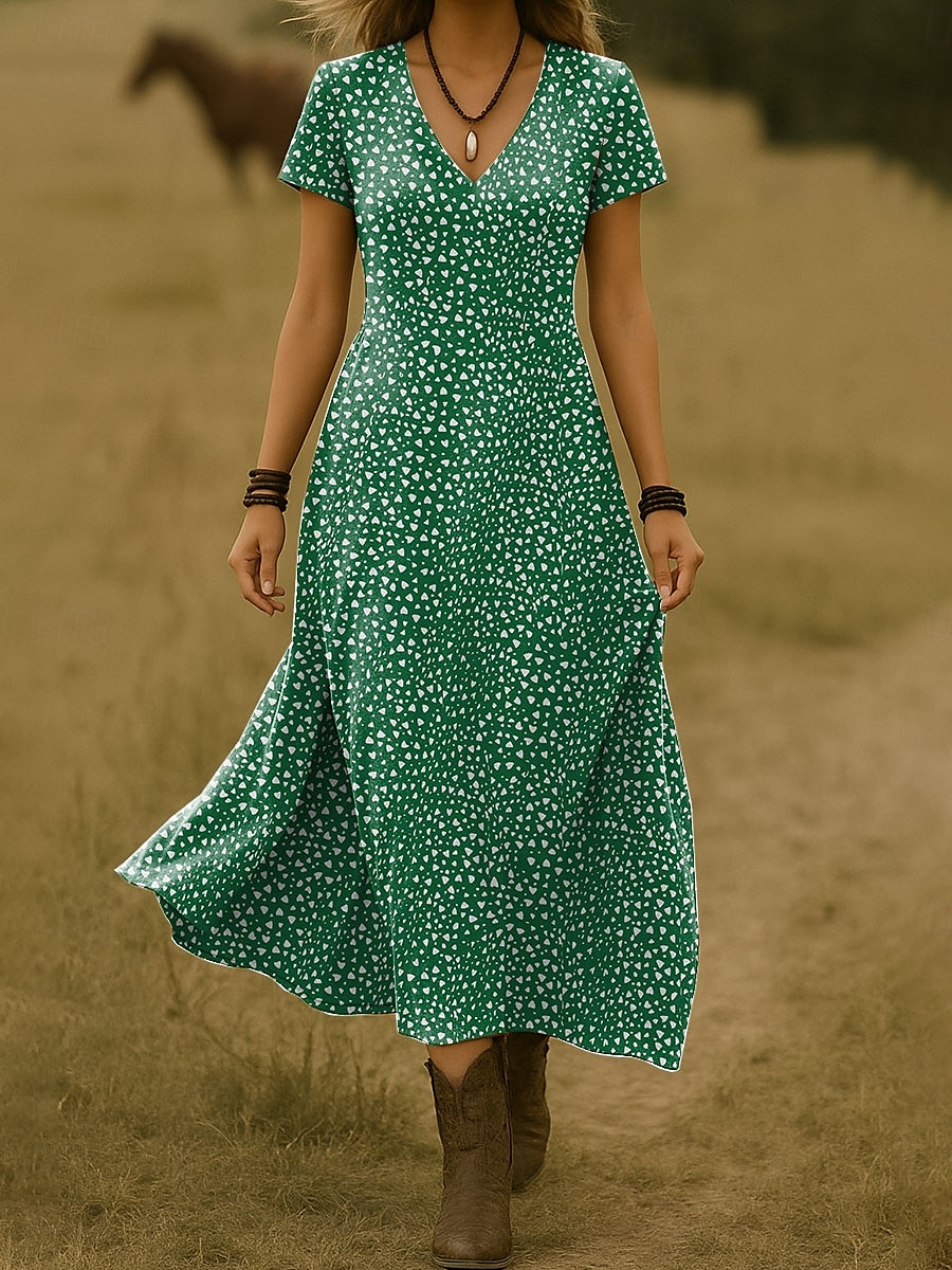 Dam Maxiklänning Vardagsklänning A linjeklänning Sommarklänning Elegant Semester Ledigt Strand Normal Blommig Grafisk Prickig Kortärmad V-hals Rubinrött Blå Brun Grön Sommar Vår 2025 - $29.99 –P1