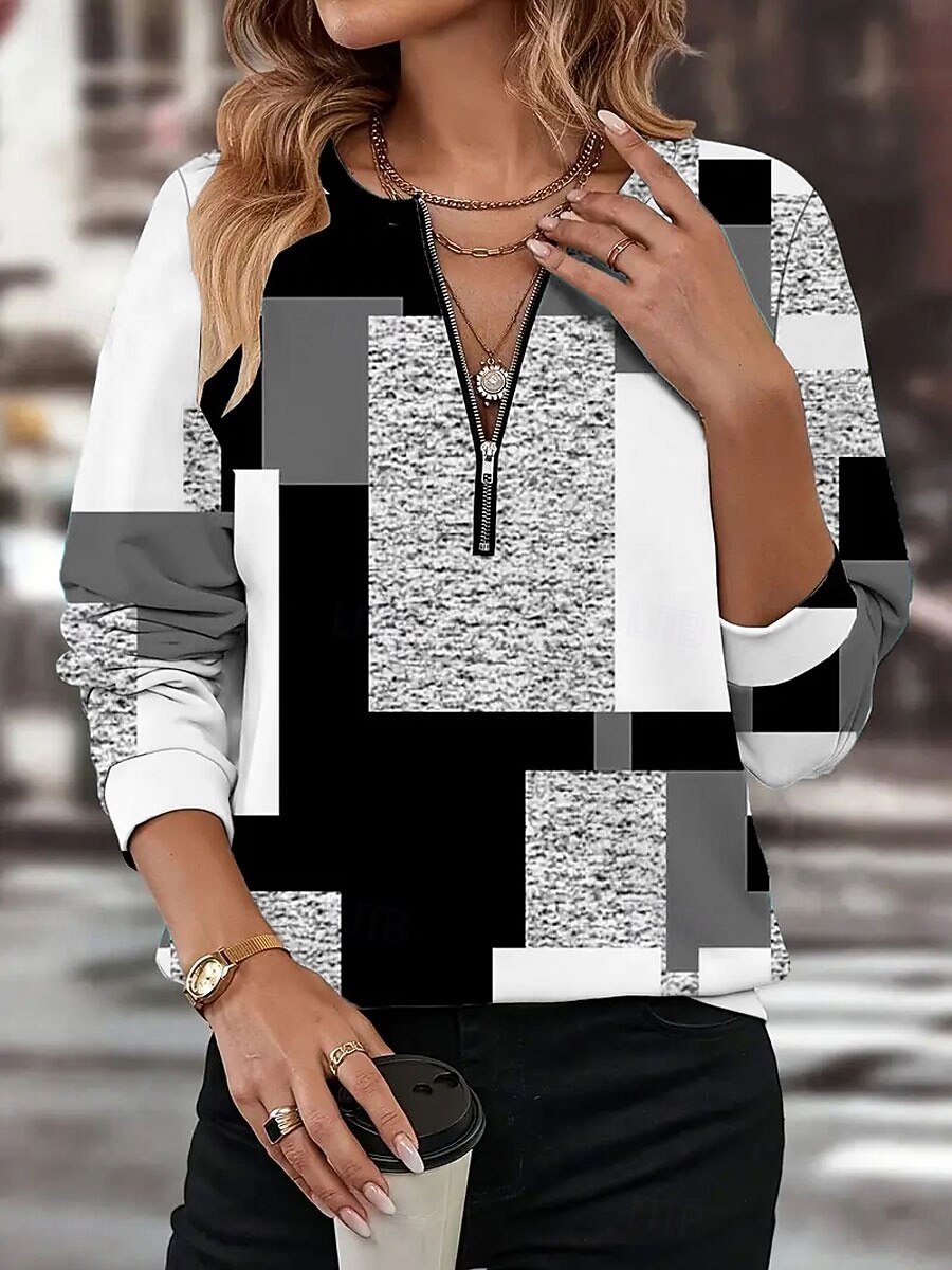 Damen Pullover Sweatshirt Sweatshirts mit Reißverschluss Grafik Geometrisch Farbblock Mode Lässig Langarm Rundhalsausschnitt Normale Oberteile Straße Alltagskleidung Reißverschluss Druck Rote Blau 2025 - $27.99 –P7
