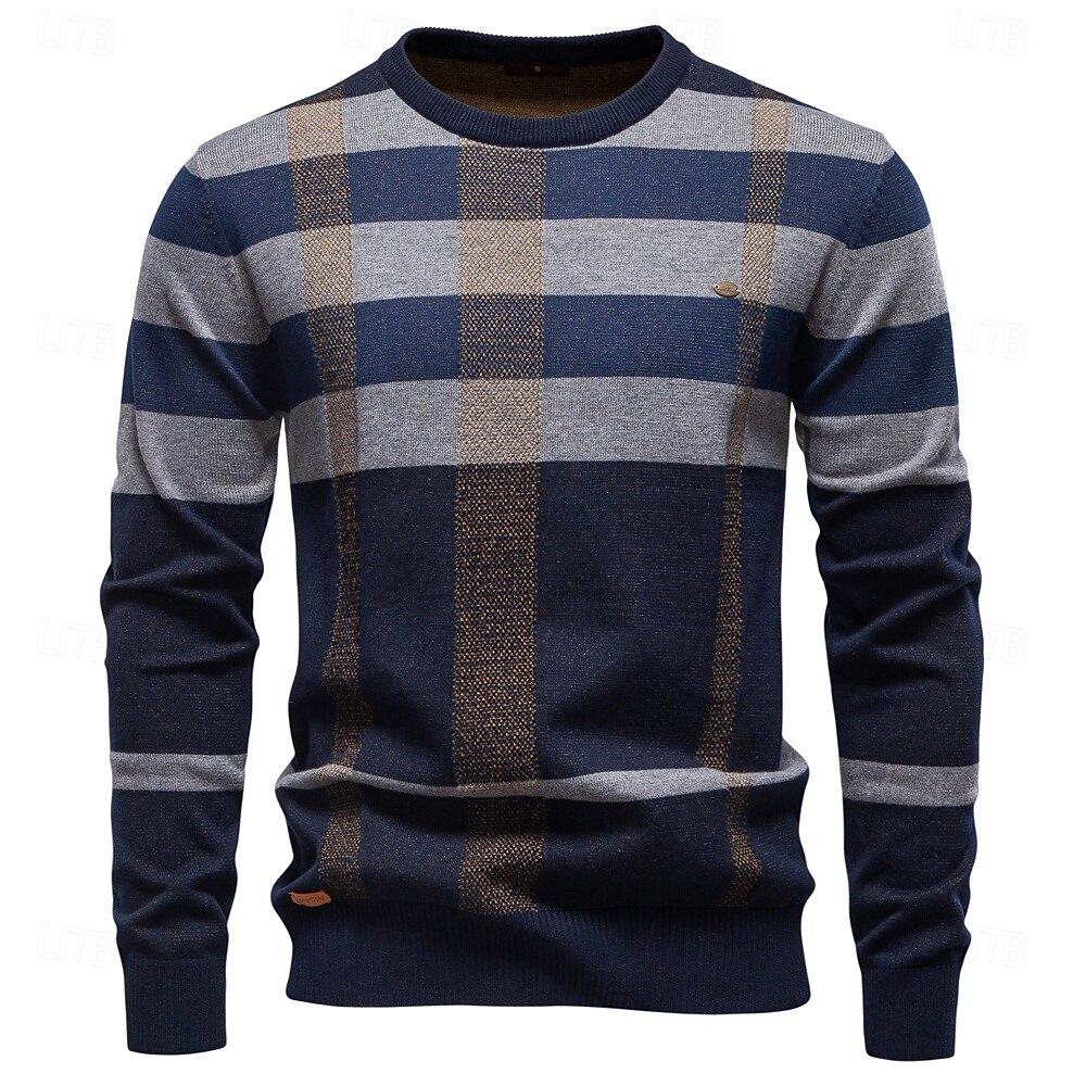 Men's Pullover Knit Regular Tops Check Pattern Crew Neck Cool Pullover School Vacation Clothing Apparel Spring Fall Dark Navy Purple S M L 2026 - $53.99 –P10