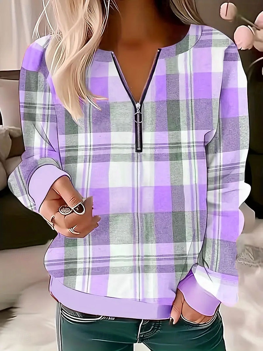 Per donna Felpa Pullover Felpe con cerniera Grafico Geometrico Plaid Moda Casual Manica Lunga Girocollo Top Regolari Streetwear Abbigliamento Quotidiano Cerniera Stampato Rosa Blu Viola Verde Grigio del 2025 a $27.99 –P4