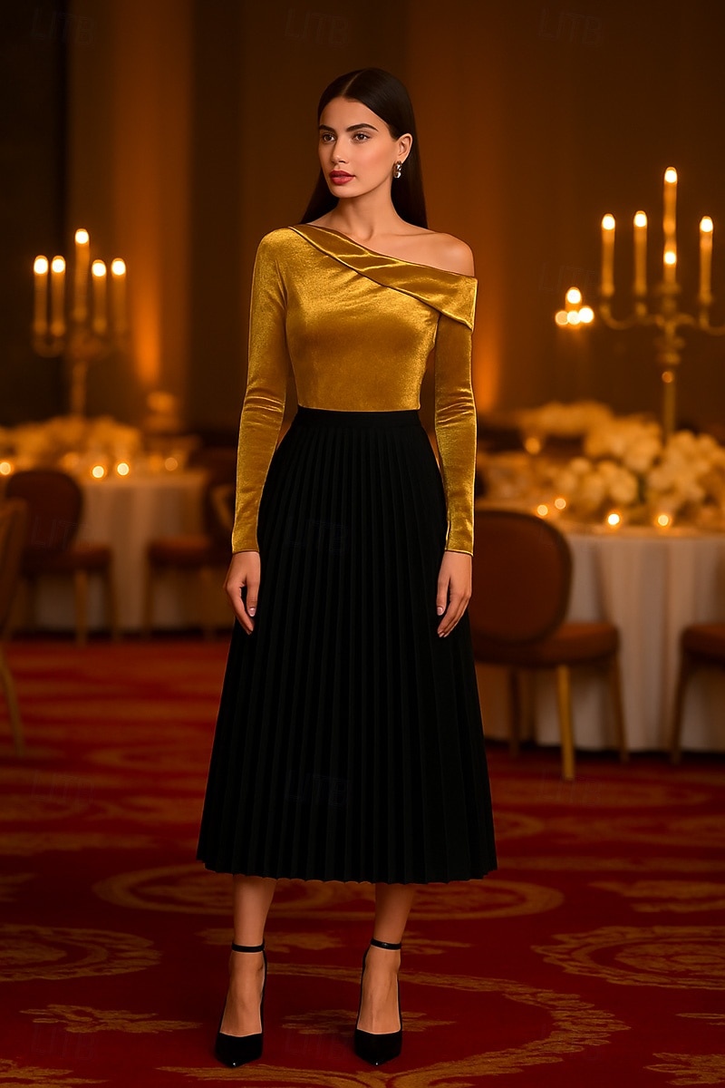 Rochii de cocktail elegante, cu imprimeu A, lungime tip A, rochie de mireasă, lungime tip ceai, mânecă lungă, pe un umăr, din catifea elastică cu pliuri, 2025 2025 - $139.99 –P3