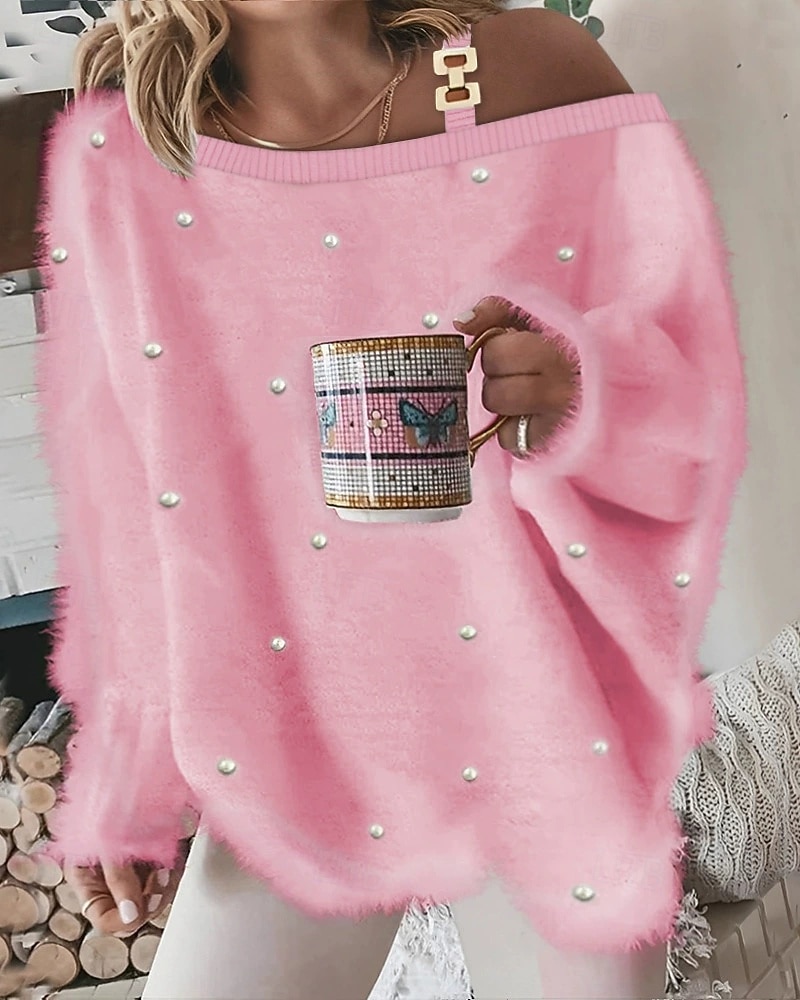 Femmes T-shirt Uni Occasionnel manche longue Une Épaule Hauts Réguliers Quotidien Sortir Week-end Blanche Rose Claire Été de 2025 ? $25.99 –P1