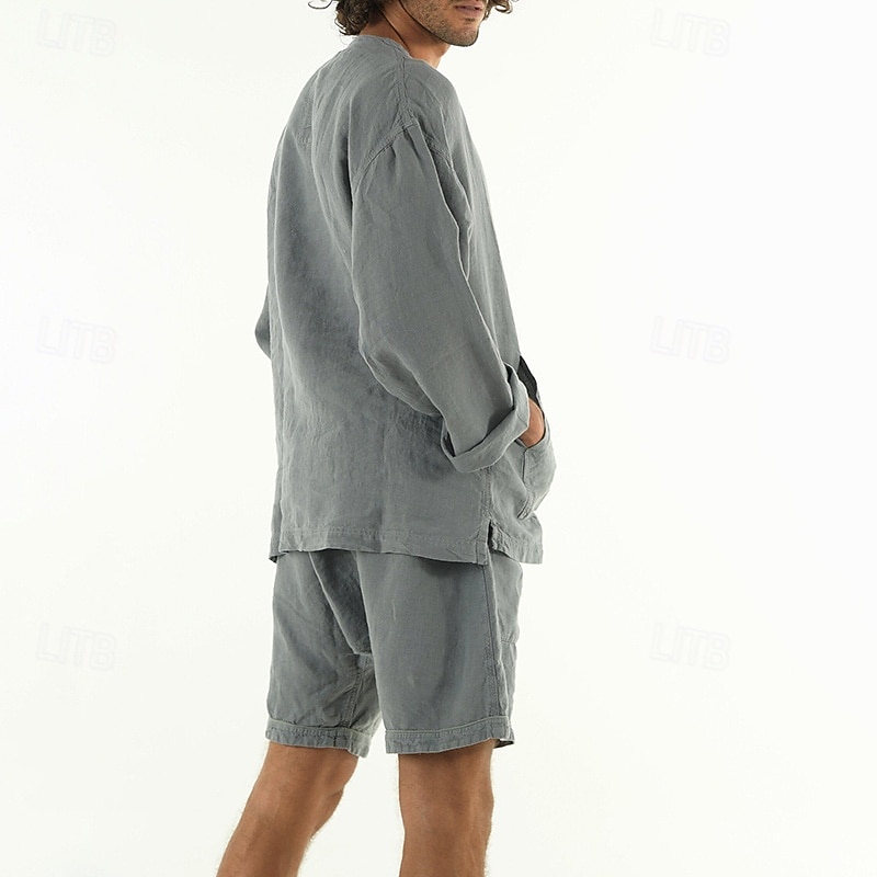 Homme Ensembles T-shirt Tenues 2 pièces Ensemble Short manche longue Col en V Été Printemps Uni Mode Occasionnel 2 pièces Poche Avant Vacances Tenue quotidienne Sortir Jaune Bleu Vert T-shirt haut de de 2025 ? $36.99 –P13