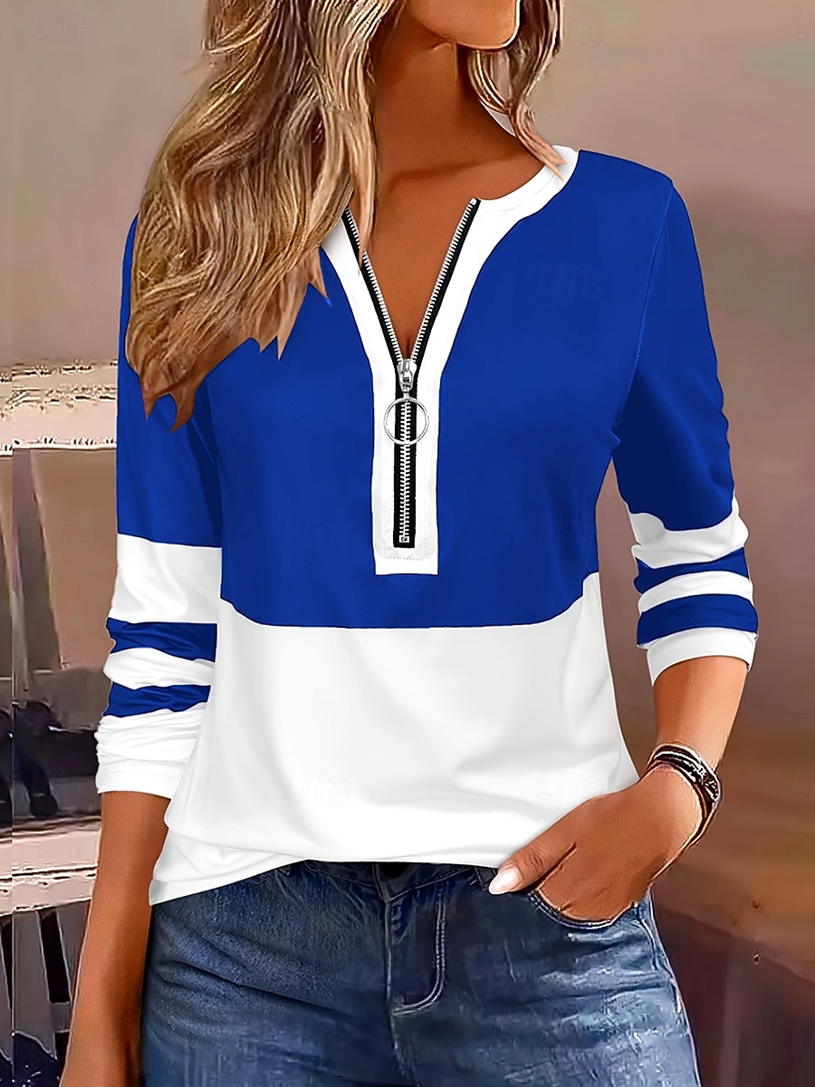 Women's T shirt Long Sleeve Graphic Color Block Striped Elegant Vintage Stylish Long Sleeve V Neck Regular Tops Daily Weekend Zipper Print Black Red Royal Blue Spring Fall Prefall 2025 - $23.99 –P6