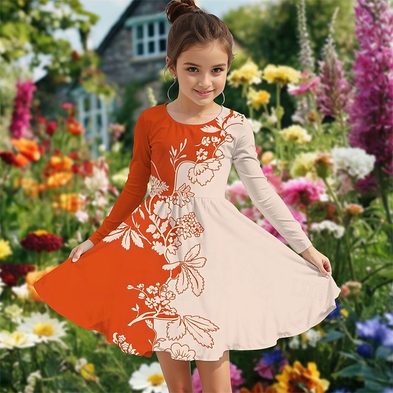 Girls' 3D Flower Dress Long Sleeve Summer Spring Vacation Daily Holiday Princess Beautiful Sweet Kids 4-12 Years Casual Dress A Line Dress Knee-length Regular Fit 2025 - $16.99 –P1