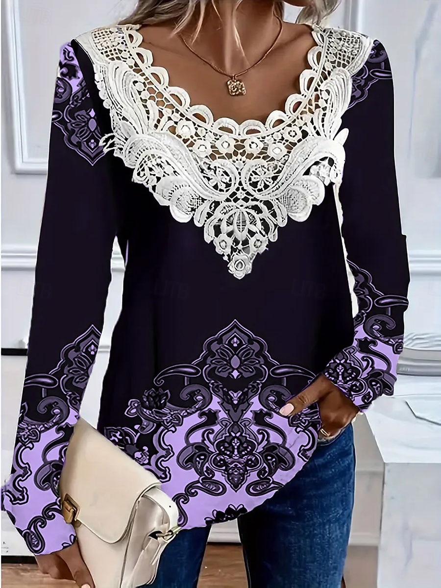 Per donna Maglietta Pizzo Traforato Grafico Piante Moda Elegante Casual Manica Lunga Girocollo Scollo a V Top Regolari Quotidiano Blu Bianco Rosa Viola Verde Primavera Autunno del 2026 a $26.99 –P5