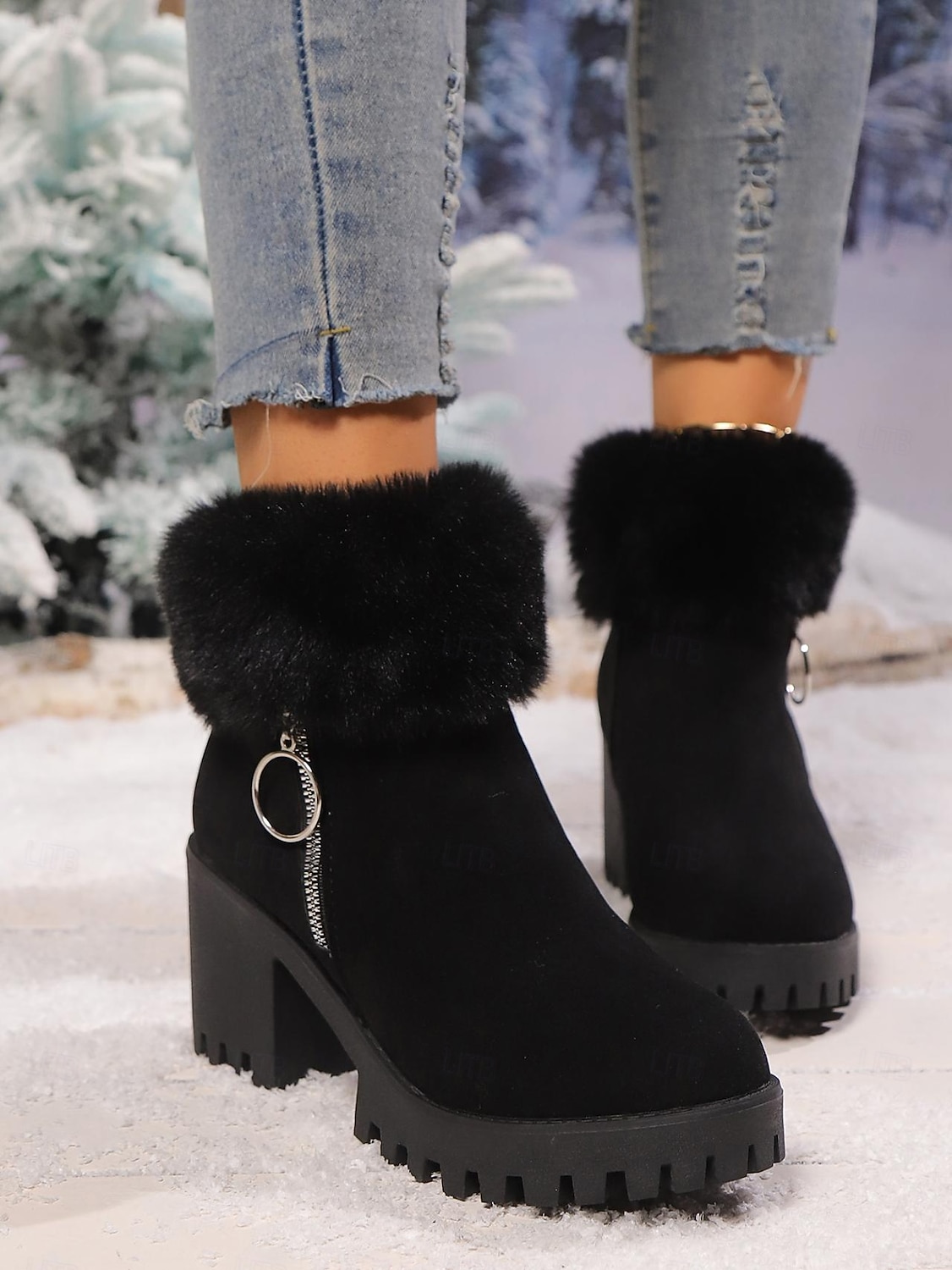 Bottines en daim gris pour femme, doublées de fourrure, chaudes, à talon épais et semelle crantée, avec fermeture éclair latérale pour l'hiver de 2025 ? $29.99 –P3