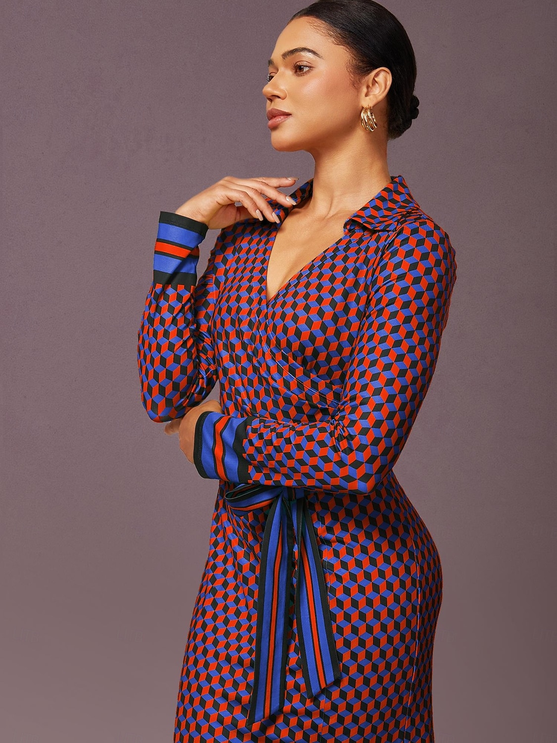 2026年 レディース ローズレッド 3D 幾何学プリント ドレス ウエストハイ ストレッチ 快適 エレガント ヴィンテージ スタイリッシュ マーメイド デイリー パーティー 仕事 秋  コレクション – $91.99 –P1